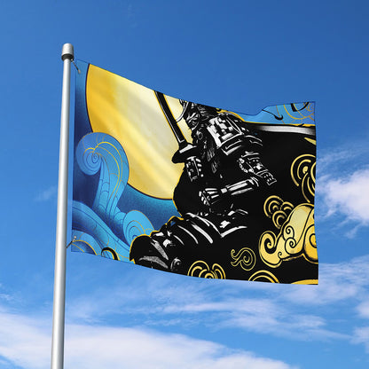 Blue Sky And Golden Sun Samurai Print Polyester Flag