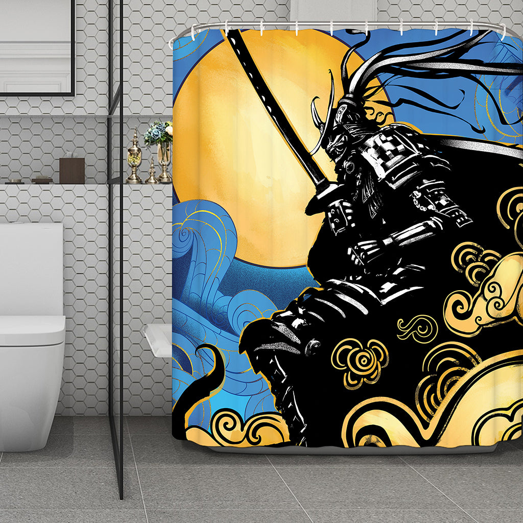 Blue Sky And Golden Sun Samurai Print Polyester Shower Curtain