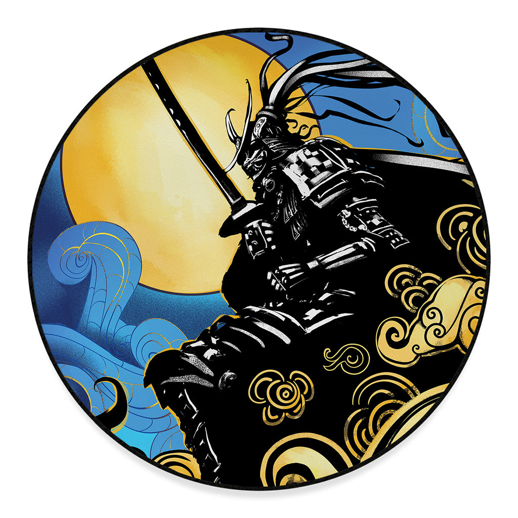 Blue Sky And Golden Sun Samurai Print Round Floor Mat