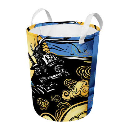 Blue Sky And Golden Sun Samurai Print Round Laundry Basket
