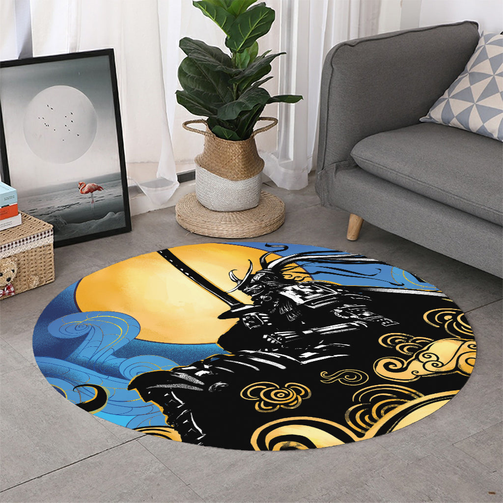 Blue Sky And Golden Sun Samurai Print Round Rug