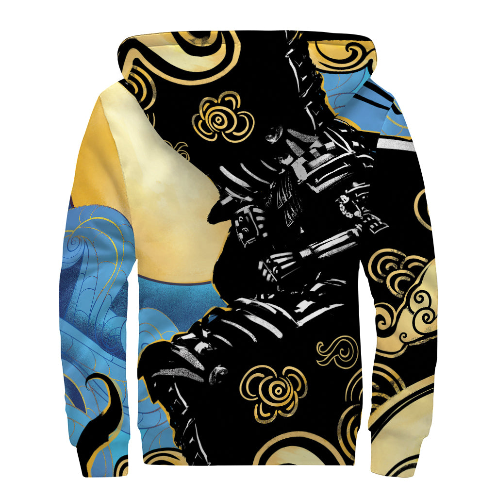 Blue Sky And Golden Sun Samurai Print Sherpa Lined Zip Up Hoodie