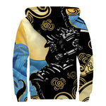 Blue Sky And Golden Sun Samurai Print Sherpa Lined Zip Up Hoodie