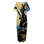 Blue Sky And Golden Sun Samurai Print Short Sleeve Long Nightdress