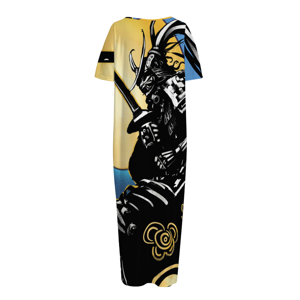 Blue Sky And Golden Sun Samurai Print Short Sleeve Long Nightdress