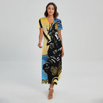 Blue Sky And Golden Sun Samurai Print Short Sleeve Maxi Dress