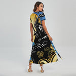 Blue Sky And Golden Sun Samurai Print Short Sleeve Maxi Dress