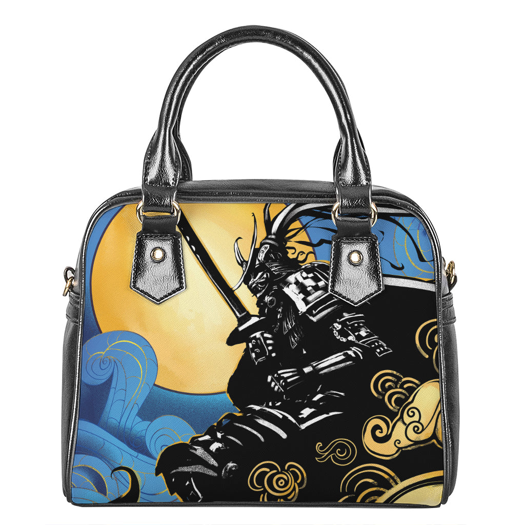 Blue Sky And Golden Sun Samurai Print Shoulder Handbag