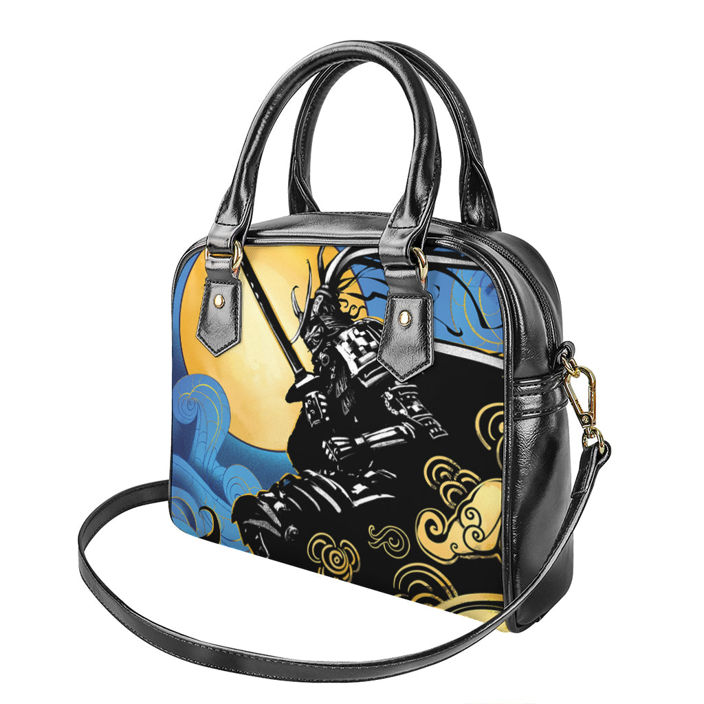 Blue Sky And Golden Sun Samurai Print Shoulder Handbag