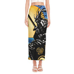 Blue Sky And Golden Sun Samurai Print Side Slit Maxi Skirt
