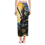 Blue Sky And Golden Sun Samurai Print Side Slit Maxi Skirt