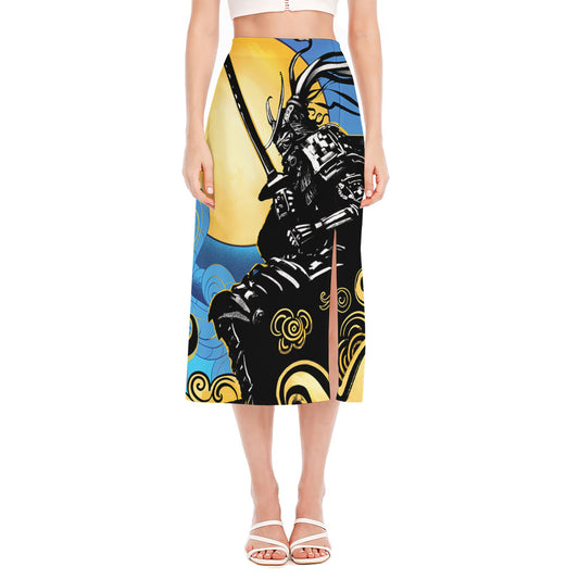 Blue Sky And Golden Sun Samurai Print Side Slit Midi Skirt