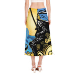 Blue Sky And Golden Sun Samurai Print Side Slit Midi Skirt