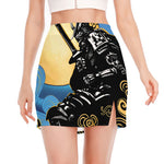 Blue Sky And Golden Sun Samurai Print Side Slit Mini Skirt