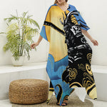 Blue Sky And Golden Sun Samurai Print Silk V-Neck Kaftan Dress