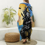 Blue Sky And Golden Sun Samurai Print Silk V-Neck Kaftan Dress
