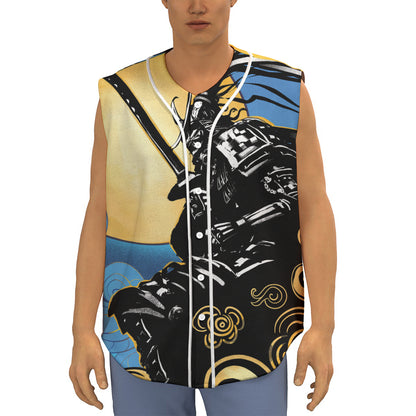 Blue Sky And Golden Sun Samurai Print Sleeveless Baseball Jersey