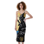 Blue Sky And Golden Sun Samurai Print Slim Fit Midi Cami Dress