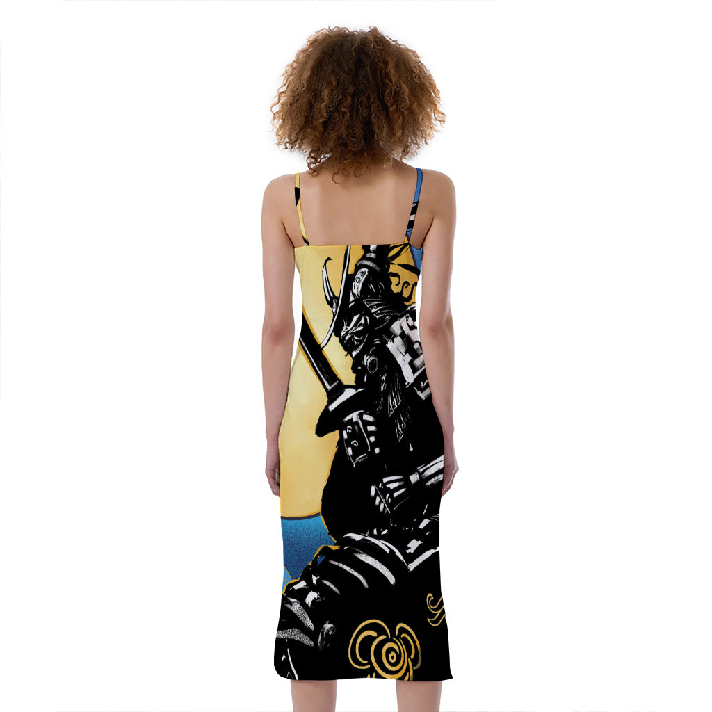 Blue Sky And Golden Sun Samurai Print Slim Fit Midi Cami Dress