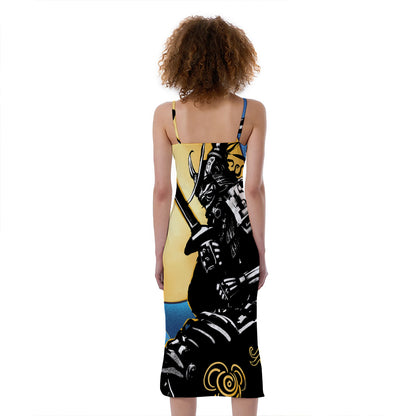 Blue Sky And Golden Sun Samurai Print Slim Fit Midi Cami Dress