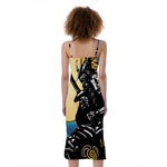 Blue Sky And Golden Sun Samurai Print Slim Fit Midi Cami Dress