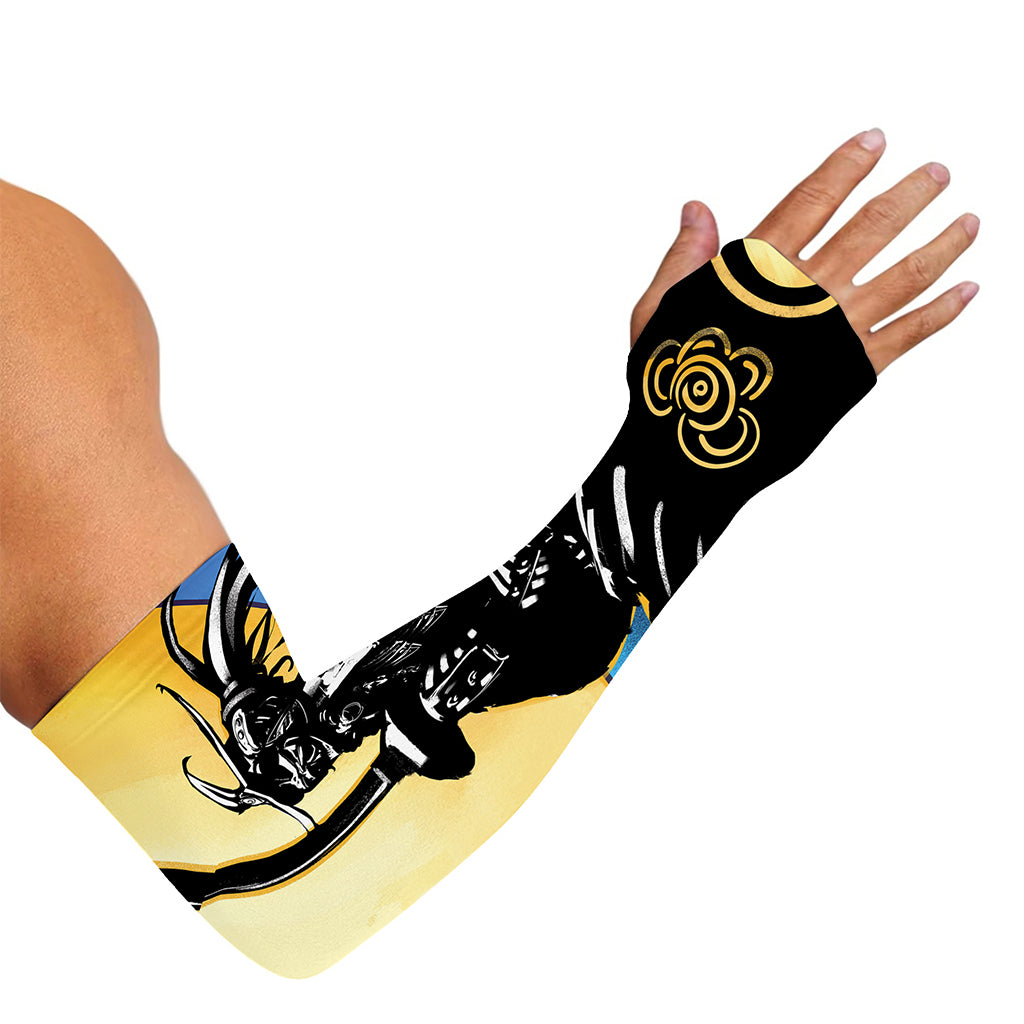 Blue Sky And Golden Sun Samurai Print Sun Protection Arm Sleeves