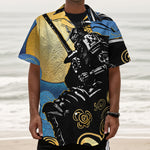Blue Sky And Golden Sun Samurai Print Textured Short Sleeve Shirt