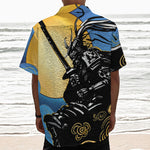 Blue Sky And Golden Sun Samurai Print Textured Short Sleeve Shirt