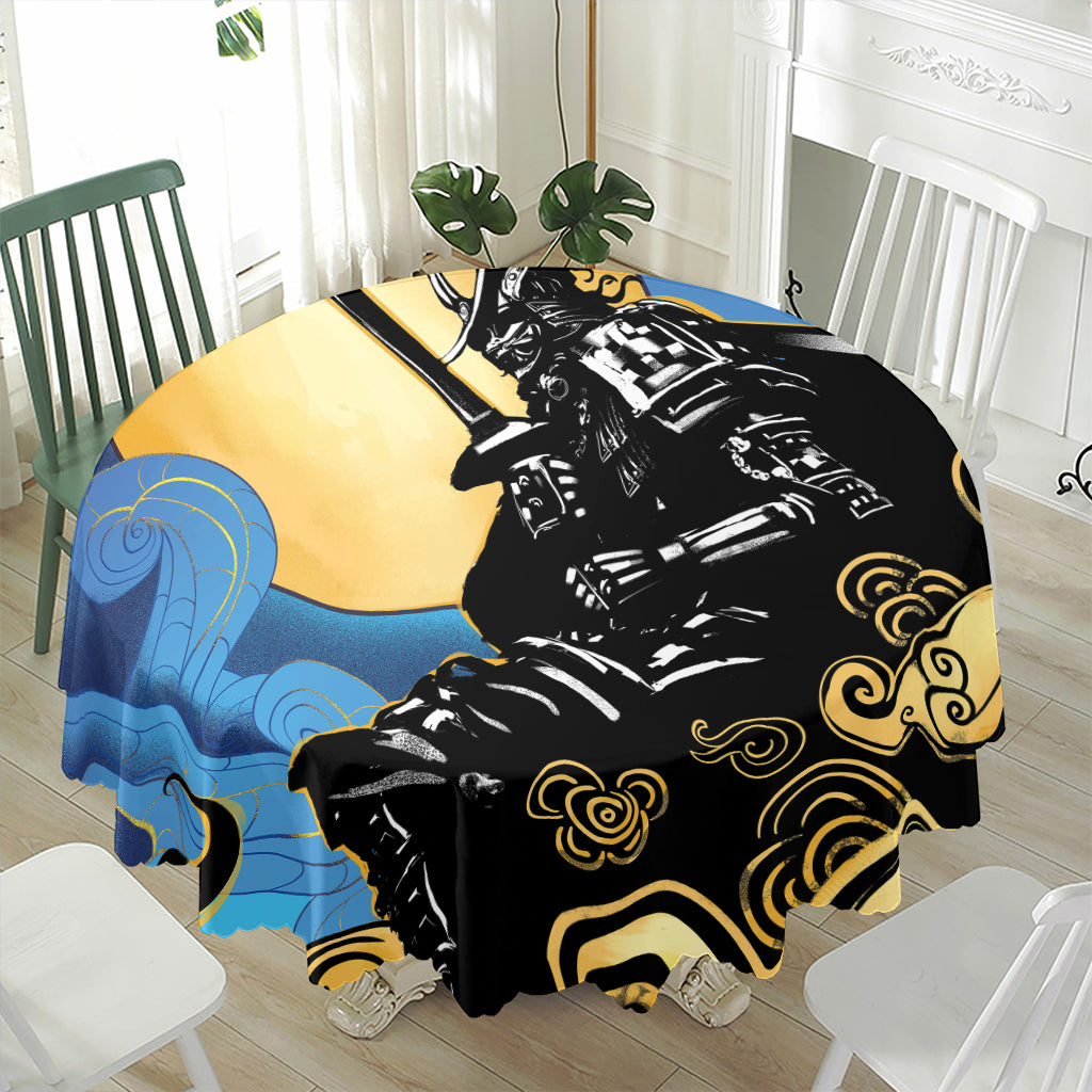 Blue Sky And Golden Sun Samurai Print Waterproof Round Tablecloth
