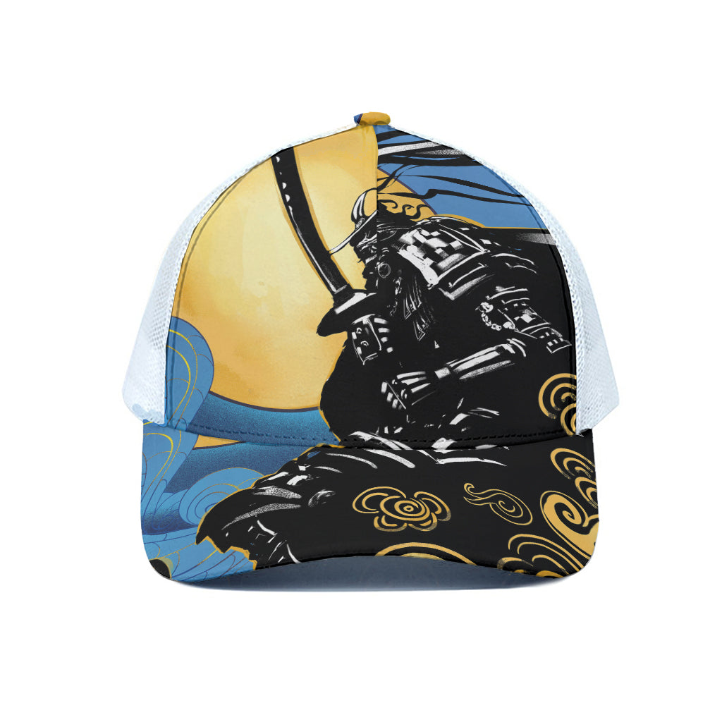 Blue Sky And Golden Sun Samurai Print White Mesh Trucker Cap