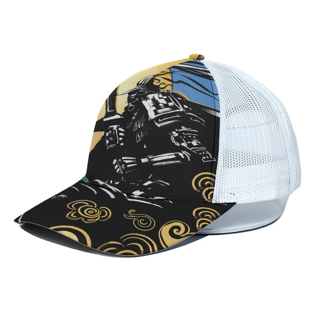 Blue Sky And Golden Sun Samurai Print White Mesh Trucker Cap