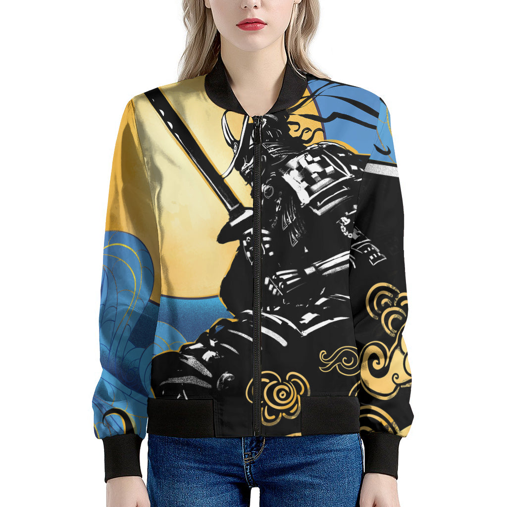 Blue Sky And Golden Sun Samurai Print Women's Bomber Jacket