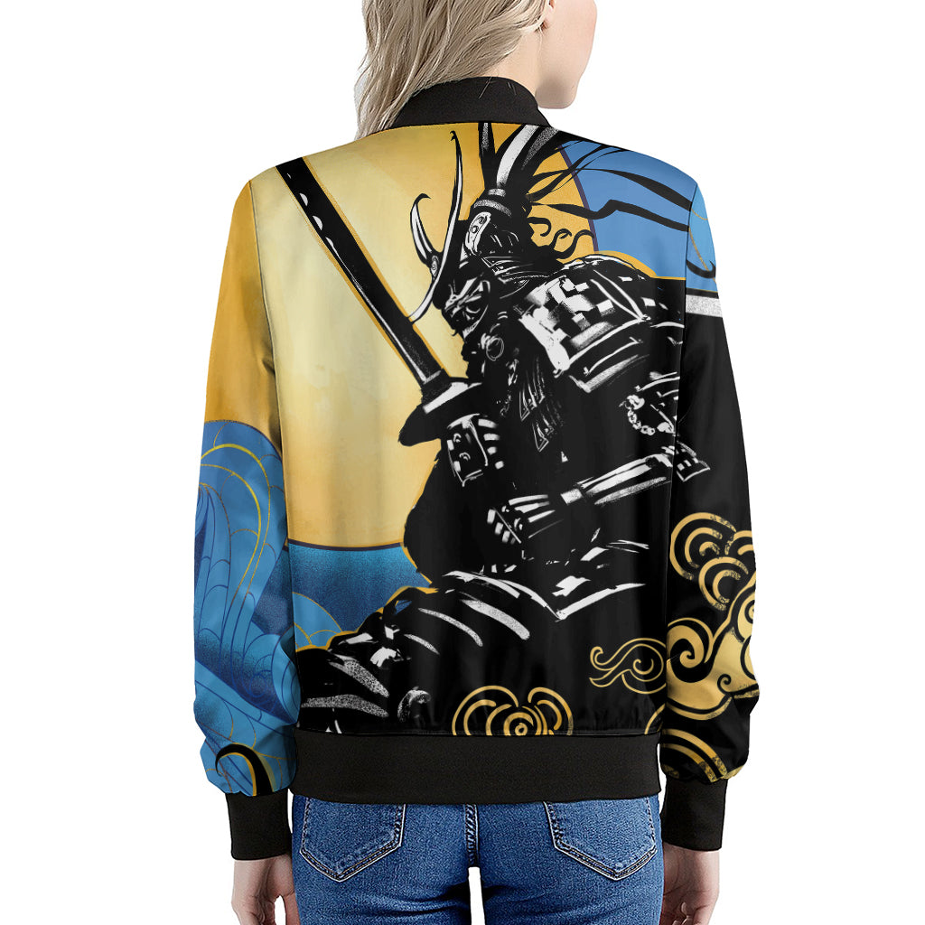 Blue Sky And Golden Sun Samurai Print Women's Bomber Jacket