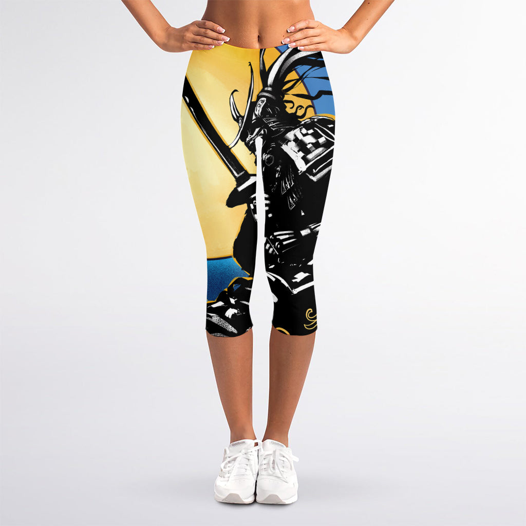 Blue Sky And Golden Sun Samurai Print Women's Capri Leggings