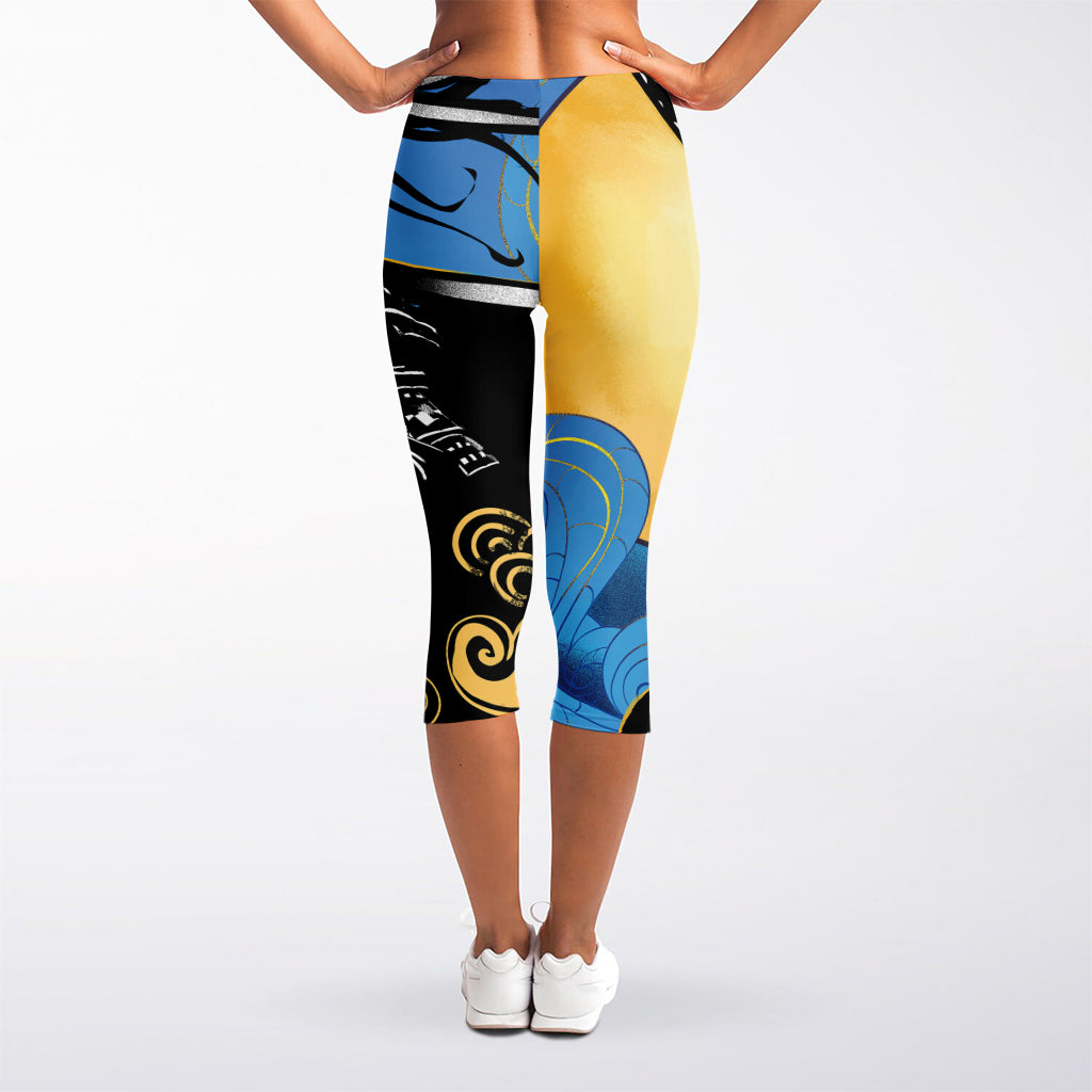 Blue Sky And Golden Sun Samurai Print Women's Capri Leggings