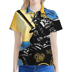 Blue Sky And Golden Sun Samurai Print Women's Polo Shirt