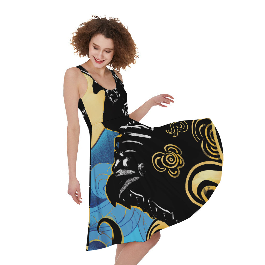 Blue Sky And Golden Sun Samurai Print Women's Sleeveless Dress