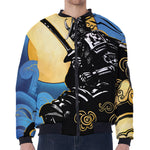 Blue Sky And Golden Sun Samurai Print Zip Sleeve Bomber Jacket