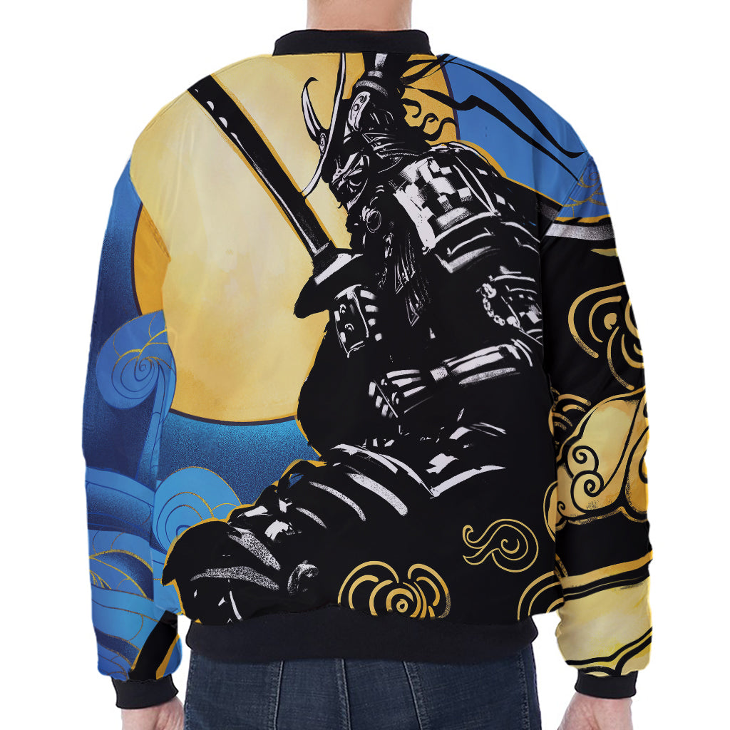 Blue Sky And Golden Sun Samurai Print Zip Sleeve Bomber Jacket