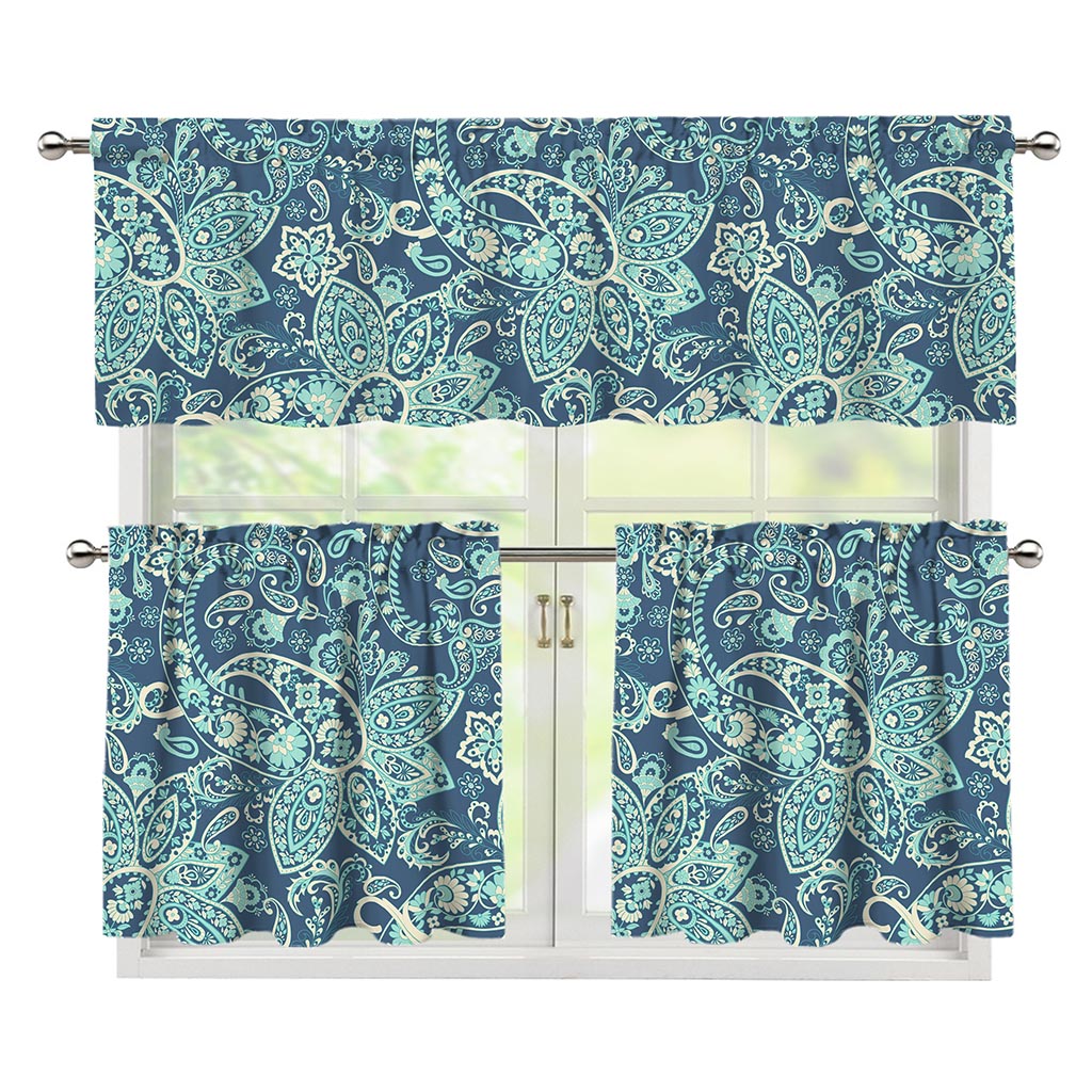 Blue Sky Paisley Bohemian Pattern Print 3 Piece Kitchen Curtains