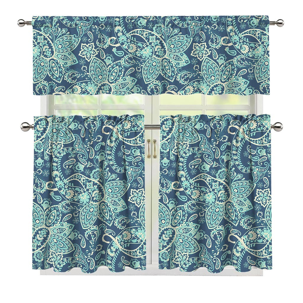 Blue Sky Paisley Bohemian Pattern Print 3 Piece Kitchen Curtains