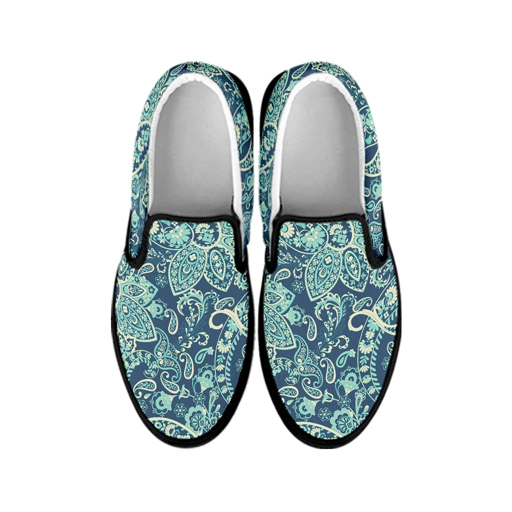 Blue Sky Paisley Bohemian Pattern Print Black Slip On Sneakers