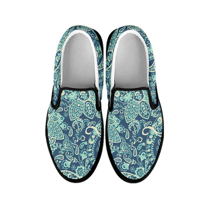 Blue Sky Paisley Bohemian Pattern Print Black Slip On Sneakers