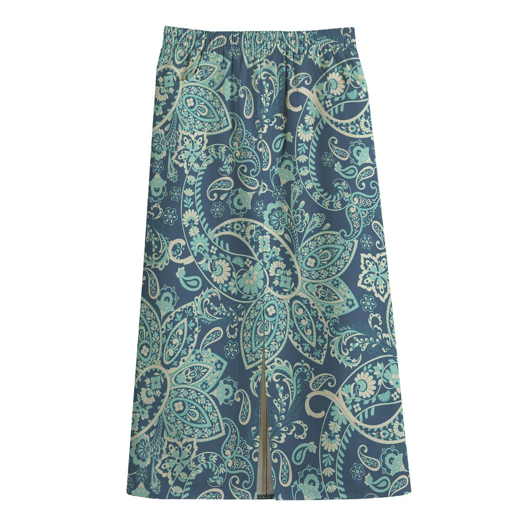 Blue Sky Paisley Bohemian Pattern Print Cotton Front Slit Maxi Skirt