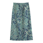 Blue Sky Paisley Bohemian Pattern Print Cotton Front Slit Maxi Skirt