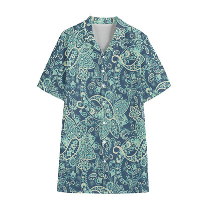 Blue Sky Paisley Bohemian Pattern Print Cotton Hawaiian Shirt