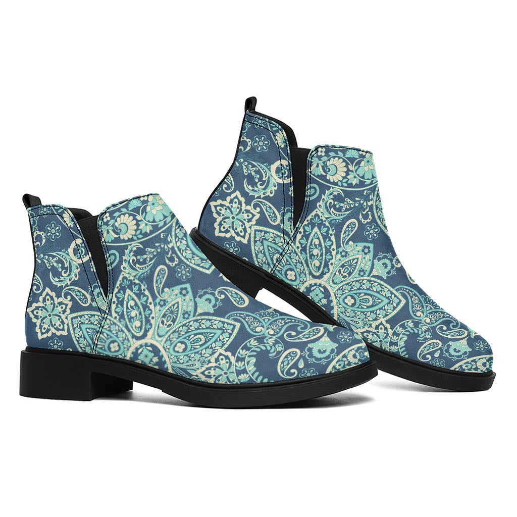 Blue Sky Paisley Bohemian Pattern Print Flat Ankle Boots