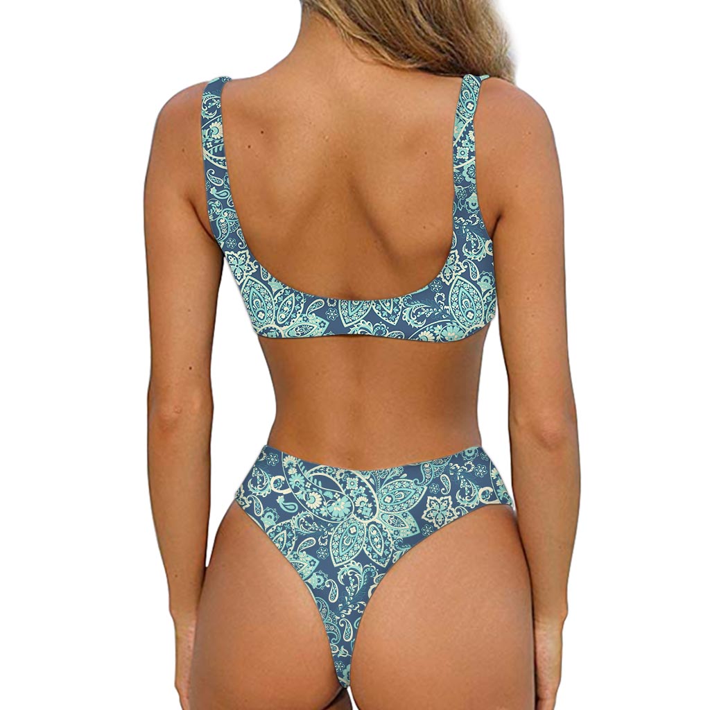 Blue Sky Paisley Bohemian Pattern Print Front Bow Tie Bikini