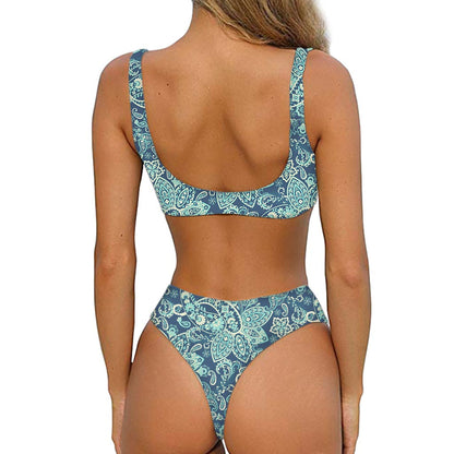 Blue Sky Paisley Bohemian Pattern Print Front Bow Tie Bikini