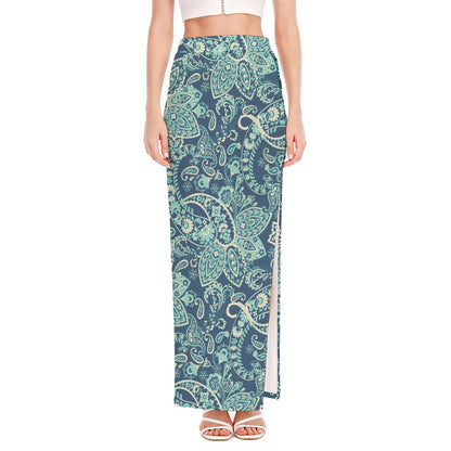 Blue Sky Paisley Bohemian Pattern Print High Slit Maxi Skirt